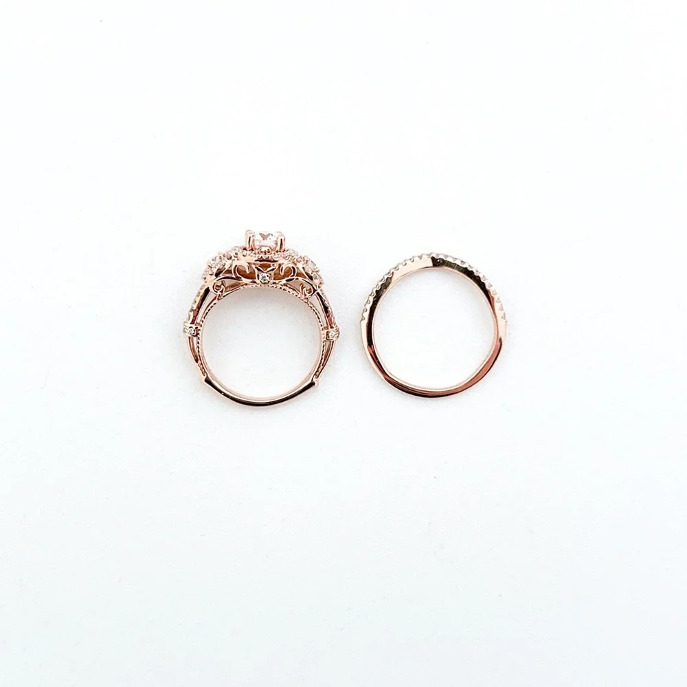 Rose Gold 14K Three Stone Diamond Halo Pave Engagement Ring Wedding Band Set - Picture 5 of 13